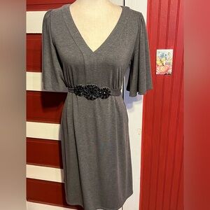 Vintage Clues Elegant Gray Dress with Black Floral Waist